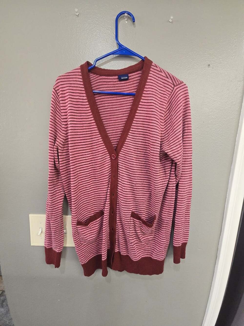 Basic Editions Striped Cardigan Size L Pink Maroon V-Neck Pockets